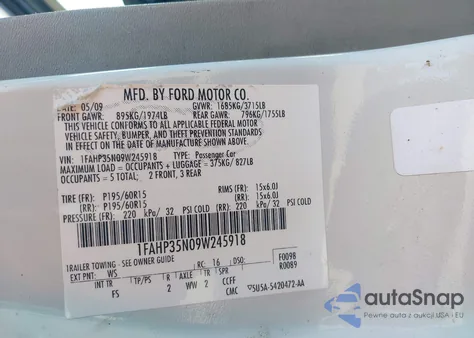 2009 Ford Focus Se из США, поврежденный, VIN 1FAHP35N09W245918